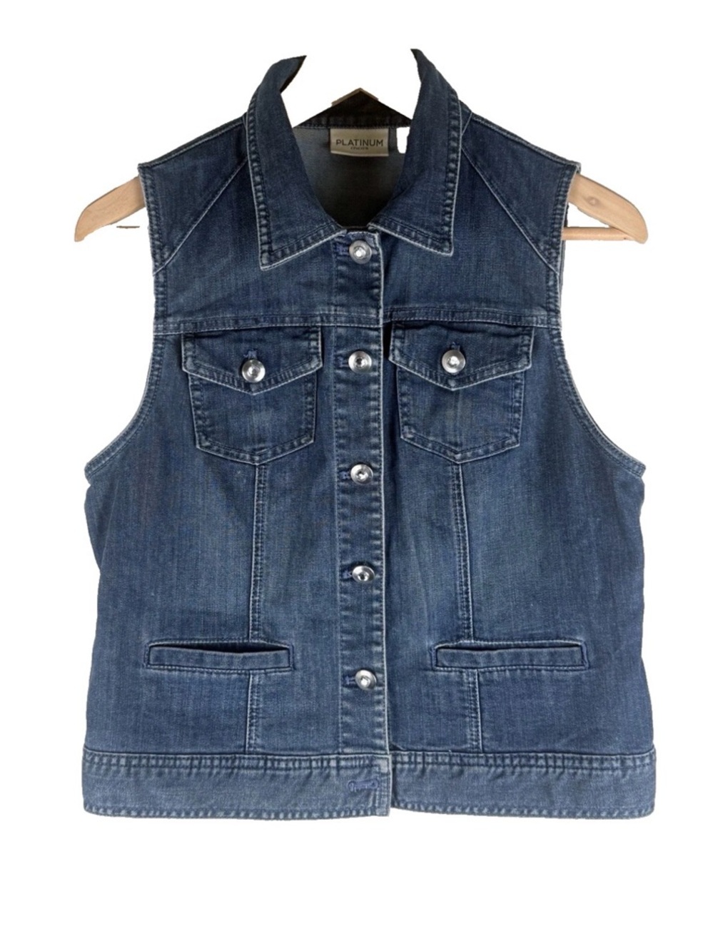 Chico's Platinum Women Denim Blue Jean Collar Rhinestone Buttons Pockets Vest S‎